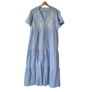 IN Loom Womens Blue Midi Dress Large Button Front Micro Floral Modest Sundress
